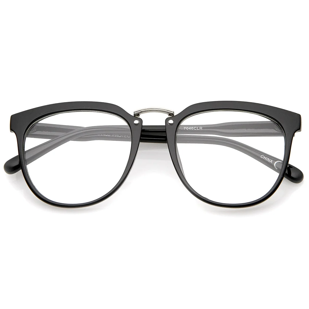 Classic Metal Bridge Square Flat Clear Lens Horn Rimmed Eyeglasses 55mm