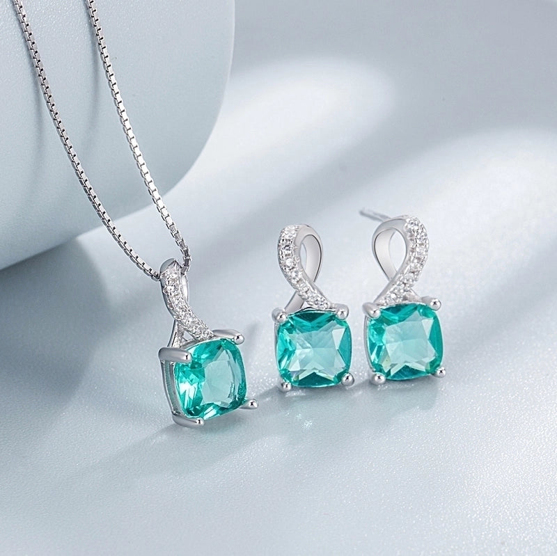 S925 Sterling Silver Fine Jewelry Square Gemstone Necklace Emerald Stud Earrings Diamond-Embedded   Style Jewelry Suit