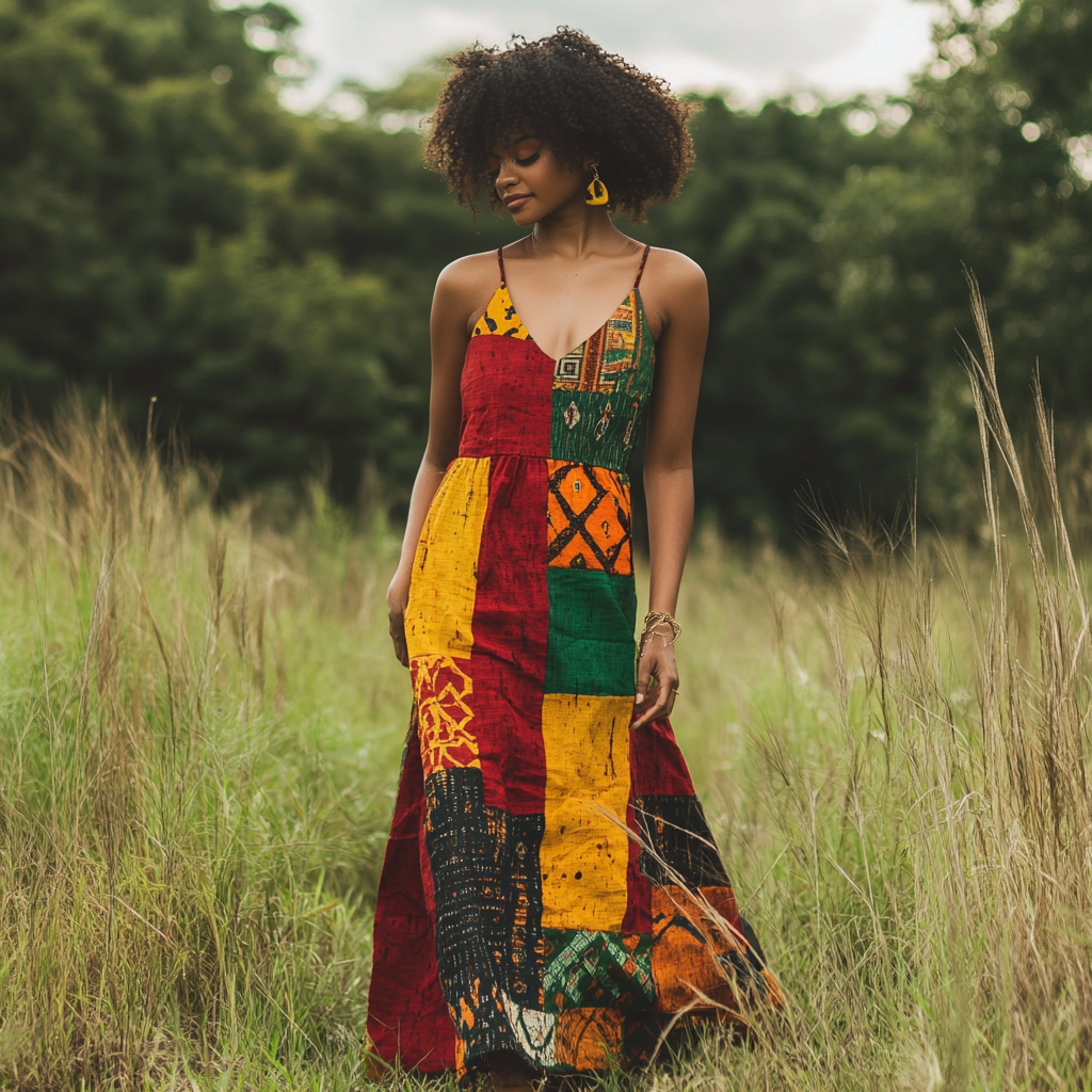 Women's African Geometric Flowers Art Linen Slip Dress