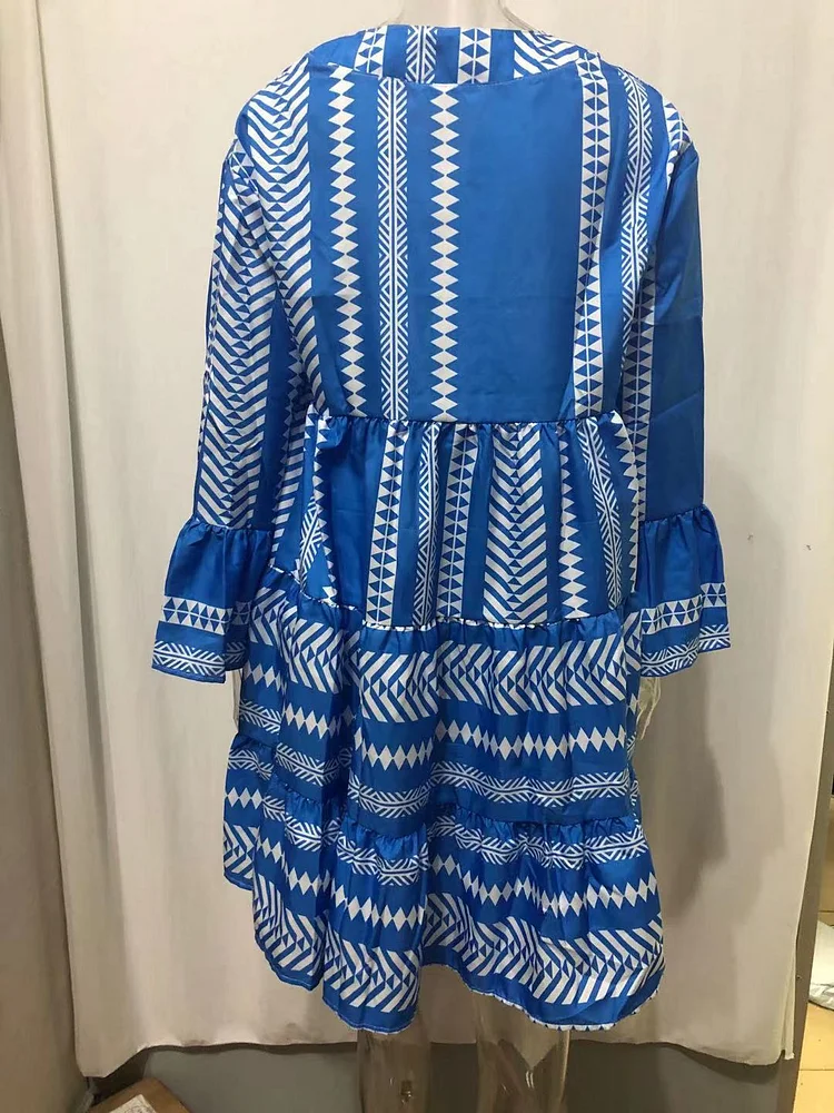 V Neck Striped Print Casual Bell Sleeve Bohemian Casual A-Line Party Mini Dress