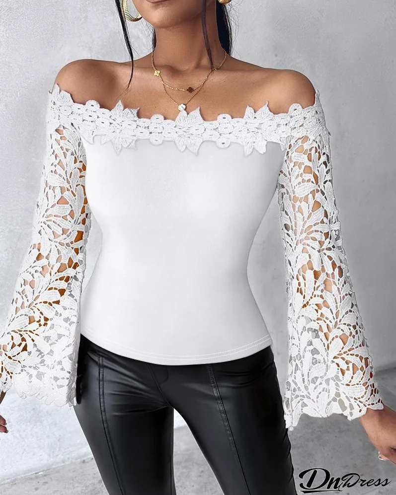 Off Shoulder Hollow Out Lace Patch Top