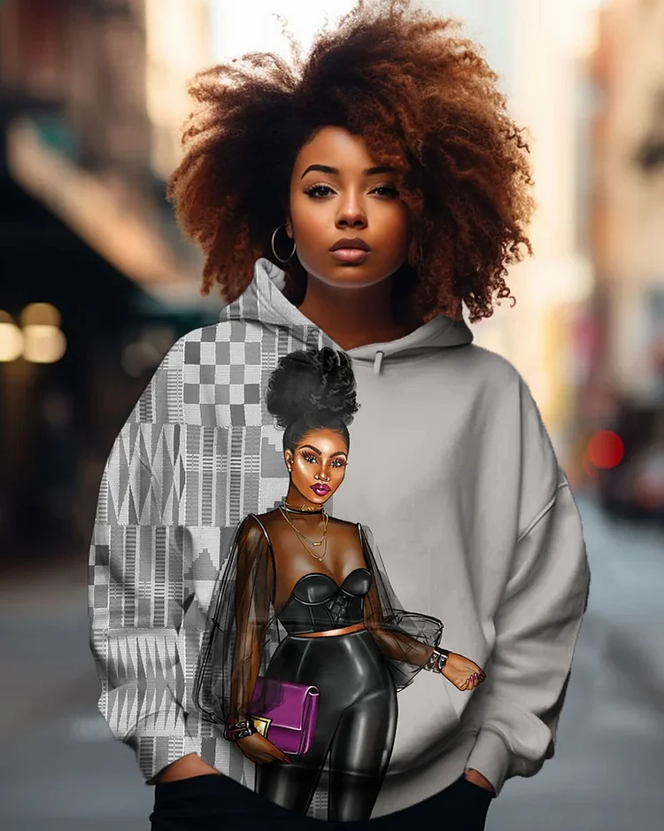 Black Girl Ethnic Cartoon Print Hoodie