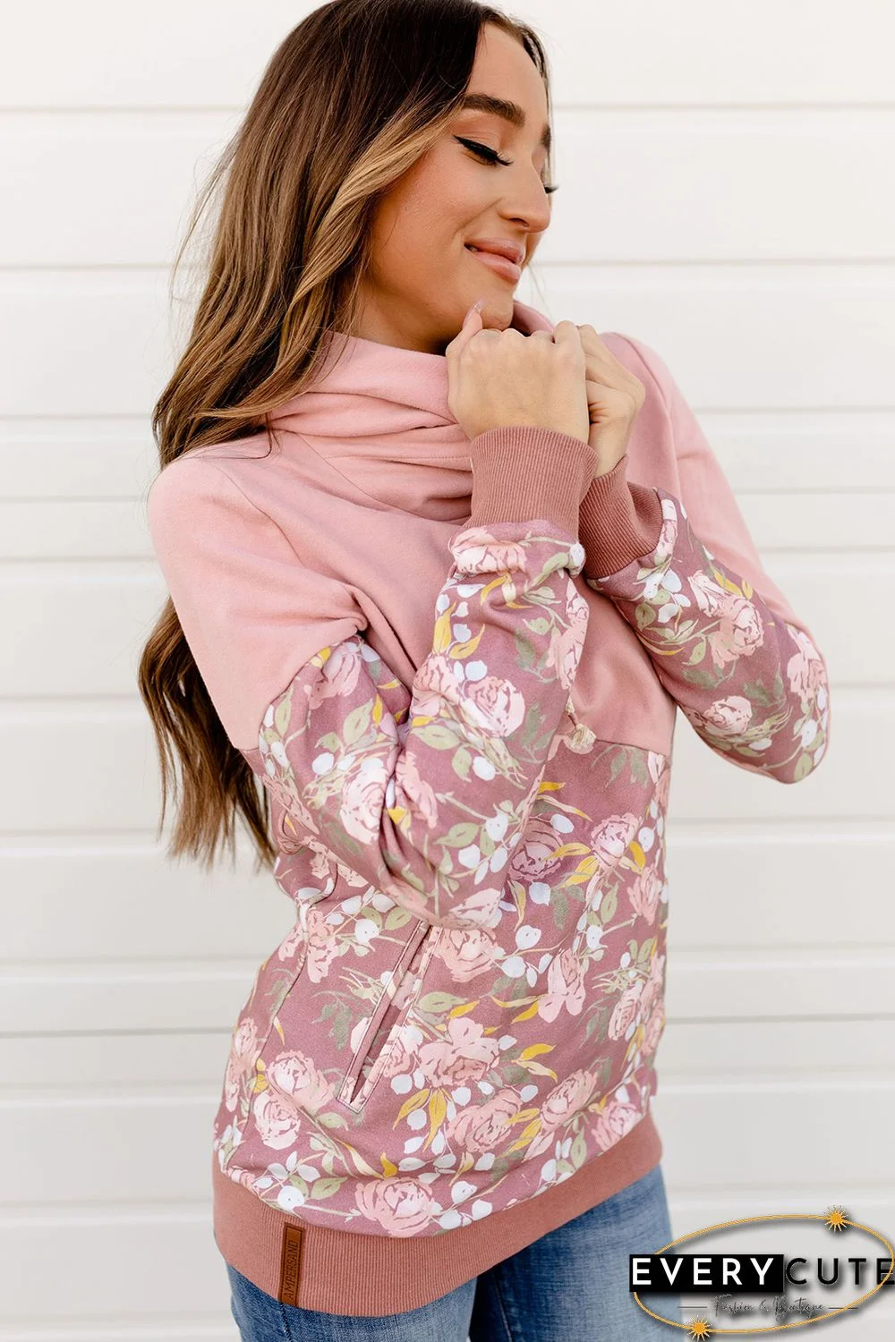 Pink Floral Splicing Cowl Neck Hoodie