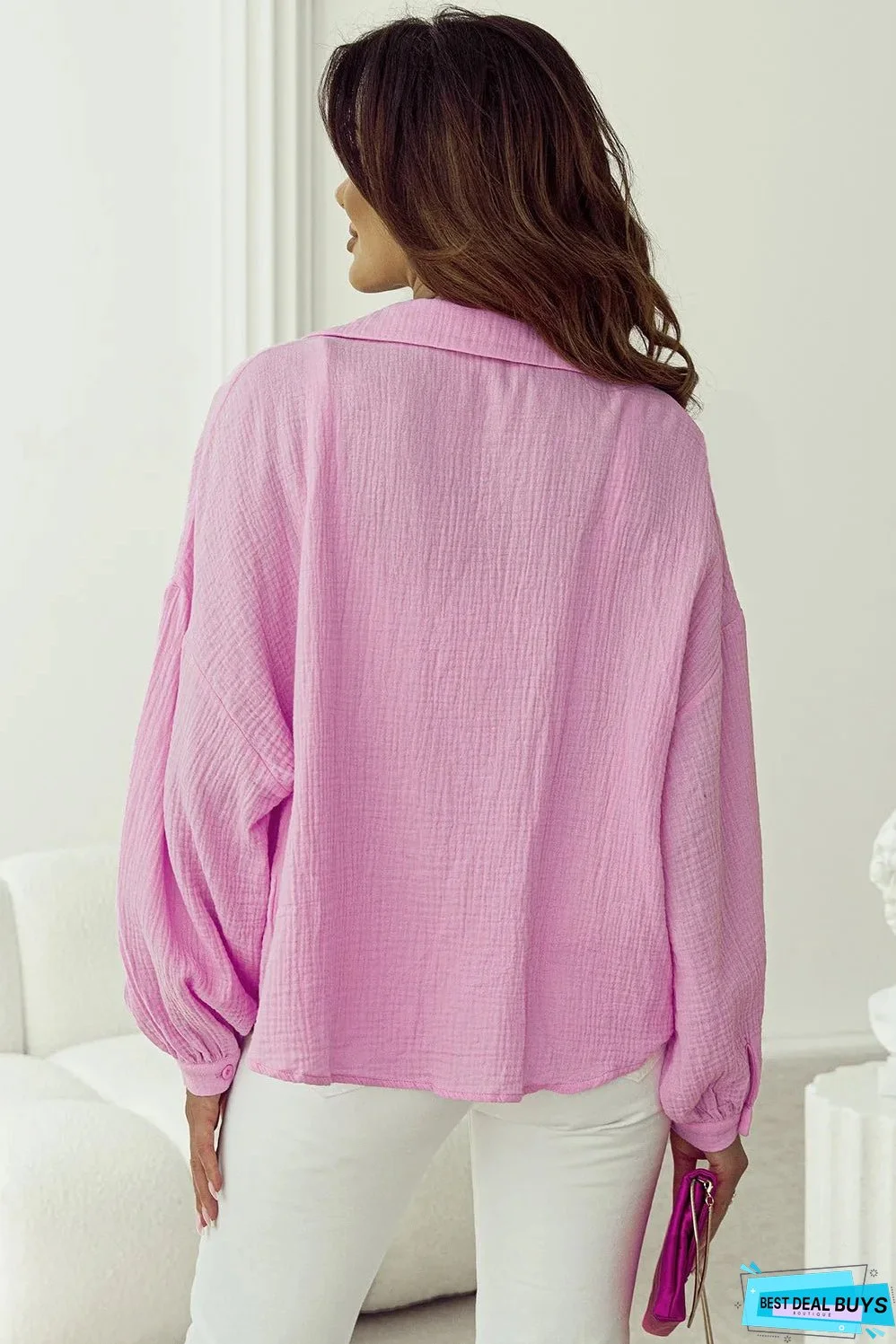 Bonbon Solid Color Puff Sleeve Crinkled Shirt