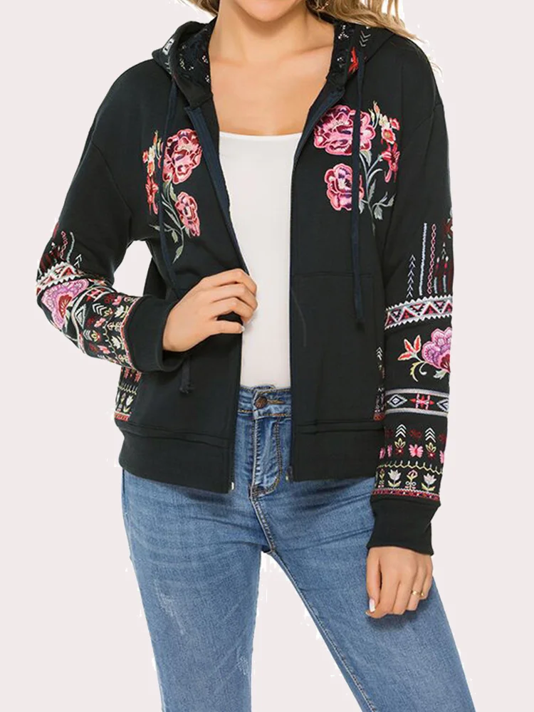 Western Women's Full Zip Long Sleeve Embroidered Floral Boho Embroidered Fall Winter Coat Tops Jackets