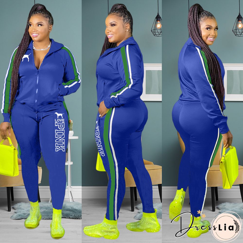 Plus Size Zipper Jacket Tops Sporty Pants Two Piece Set