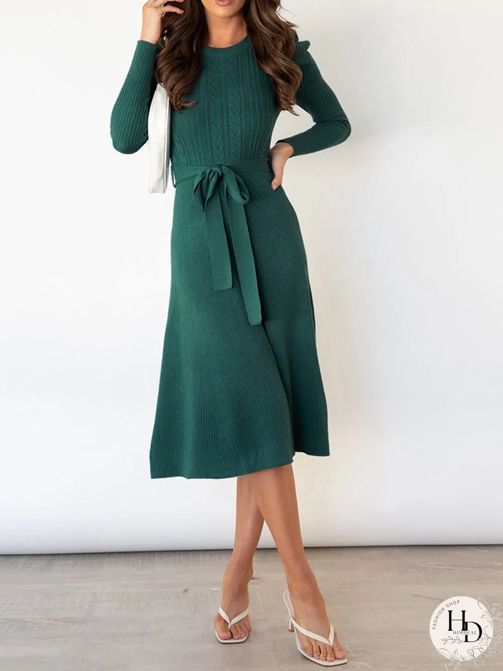 Long Sleeve Crew Neck Tie Waist Bodycon Knit Dress