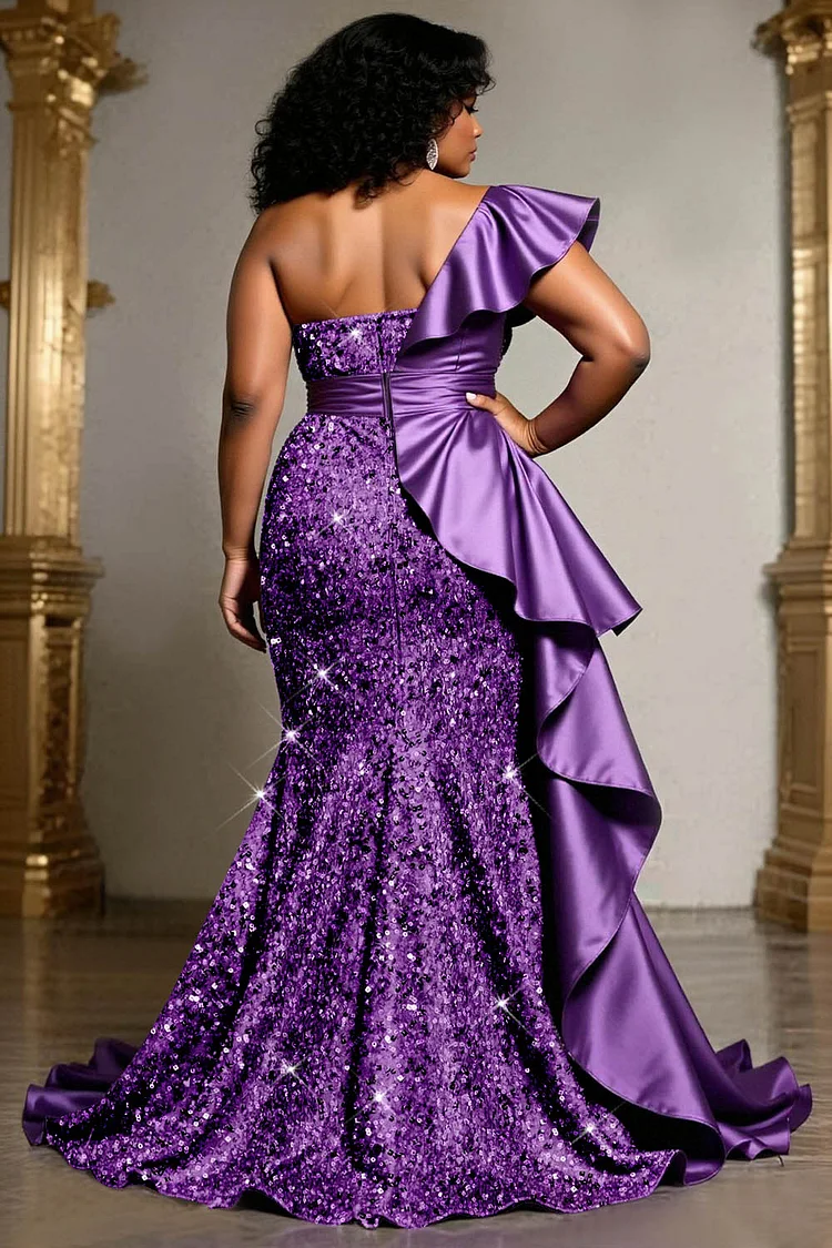 Xpluswear Design Plus Size Formal Sequin Purple Oblique Collar Split Elegant Ruffle Satin Maxi Dresses [Pre-Order]