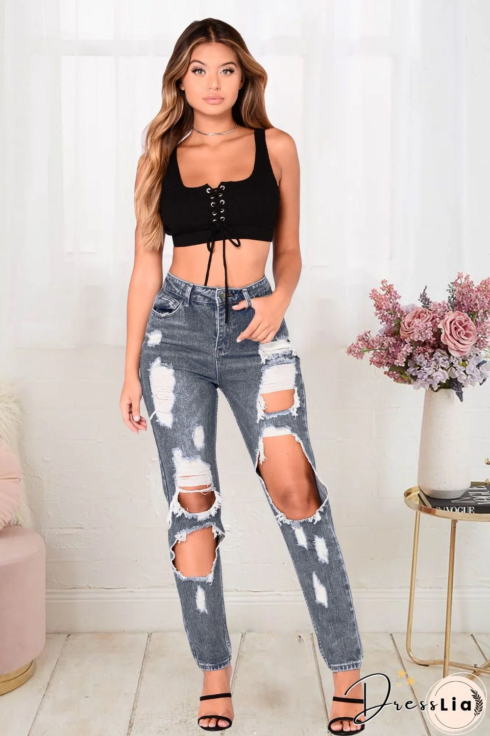 Plus Size Streewear Skinny High Waist Women Ripped Jeans