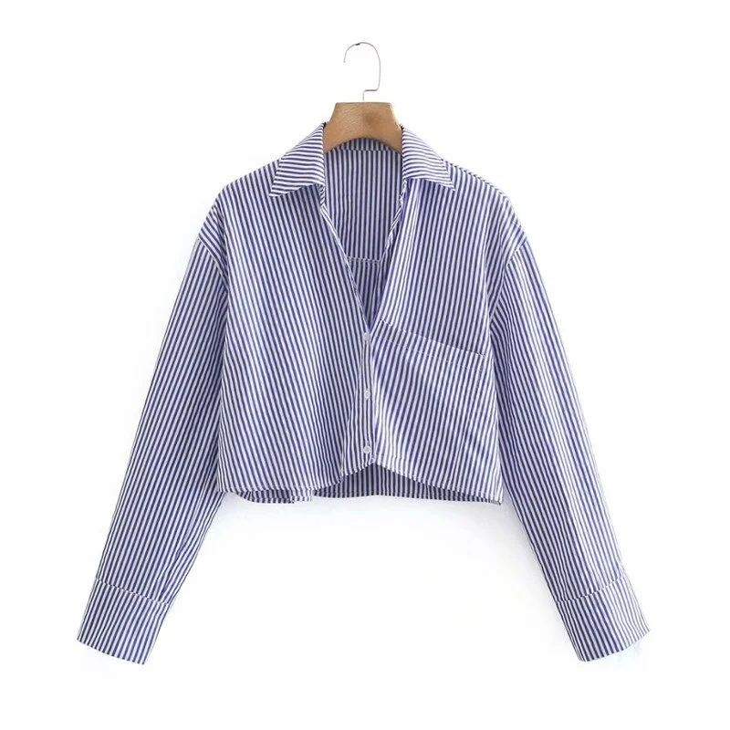 Snican Blue Striped Short Shirts Fashion Office Ladies Basic Blouse Za Women Tops Chemisier Femme Spring Tops 2021 Haut Vetement