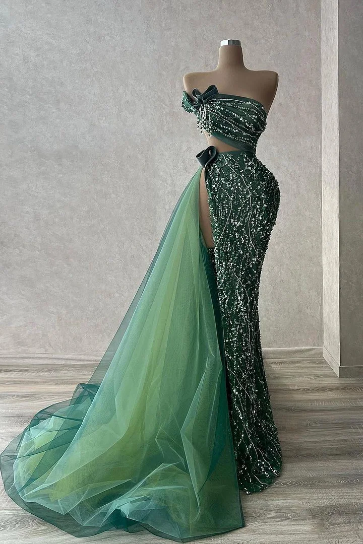 Lvs&Broner Tulle Strapless Sleeveless High Split Long Prom Dress With Beading