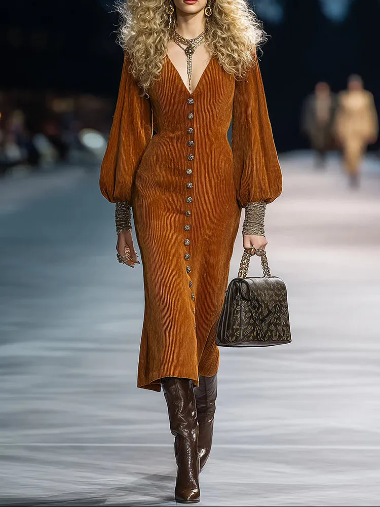 Vintage Button Puff Sleeve Caramel Brown Corduroy Midi Dress