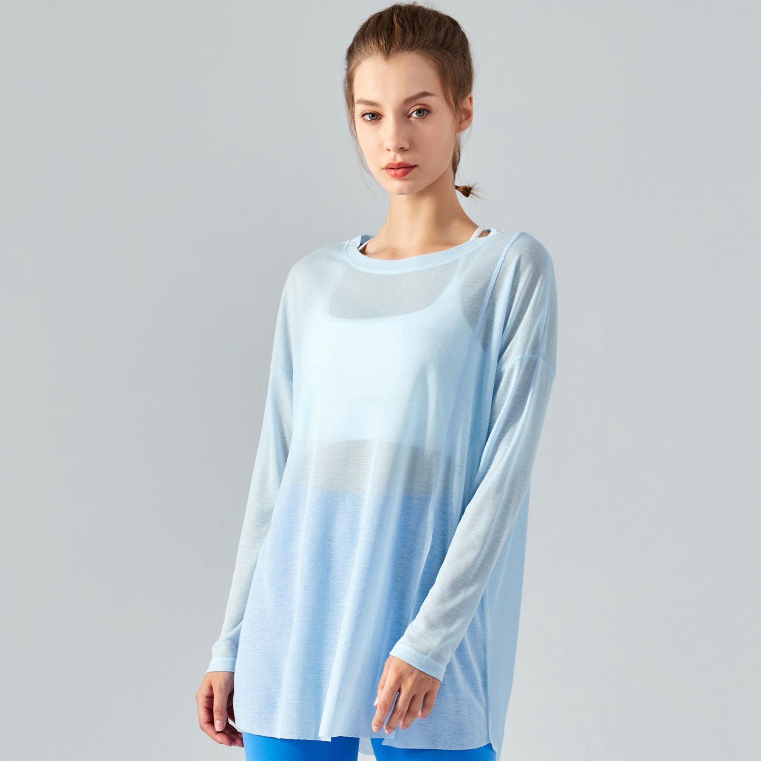 Buy Hergymclothing Baby Blue ladies see through long style tencel skin friendly sustainable loose cool smooth gym t shirt smock at an affordable price