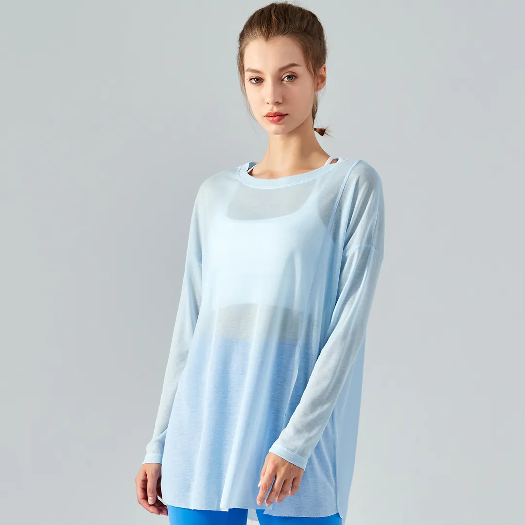 Buy Hergymclothing Baby Blue ladies see through long style tencel skin friendly sustainable loose cool smooth gym t shirt smock at an affordable price