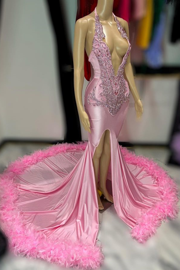 Dresseswow Pink Deep V-Neck Mermaid Prom Dress Beadings Split With Feathers Bottom