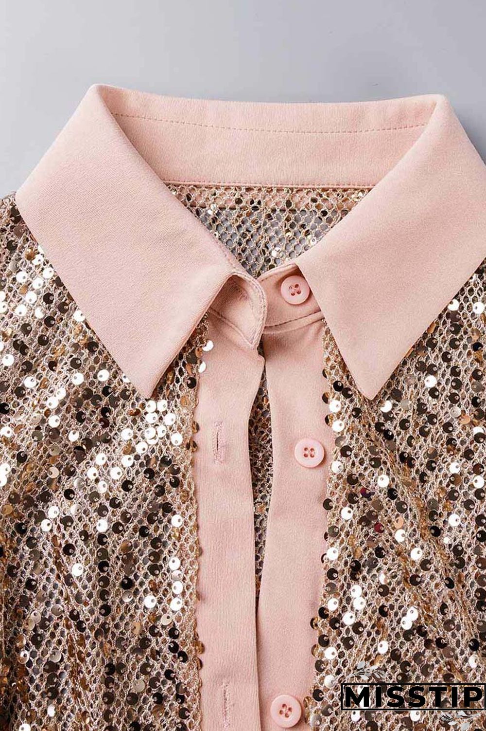 Champagne Sexy Patchwork Sequins Slit Turndown Collar Short Sleeve Dress Dresses