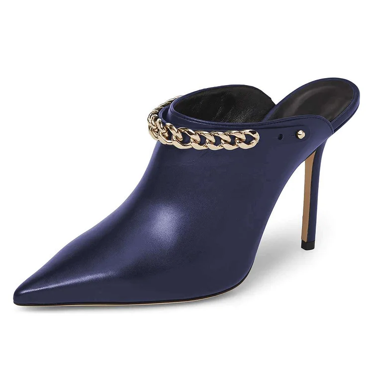 Navy Pointed Toe Stiletto Heel Mules Shoes with Chains |FSJ Shoes