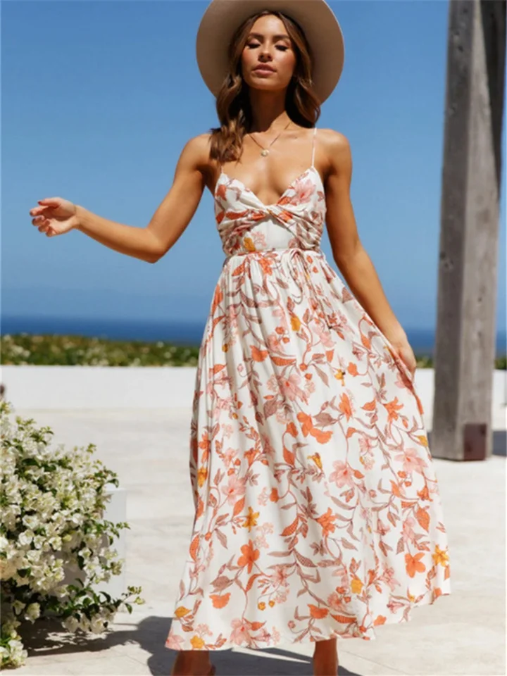 Women's New V-Neck Sling Printed Beach Dress White Dresses