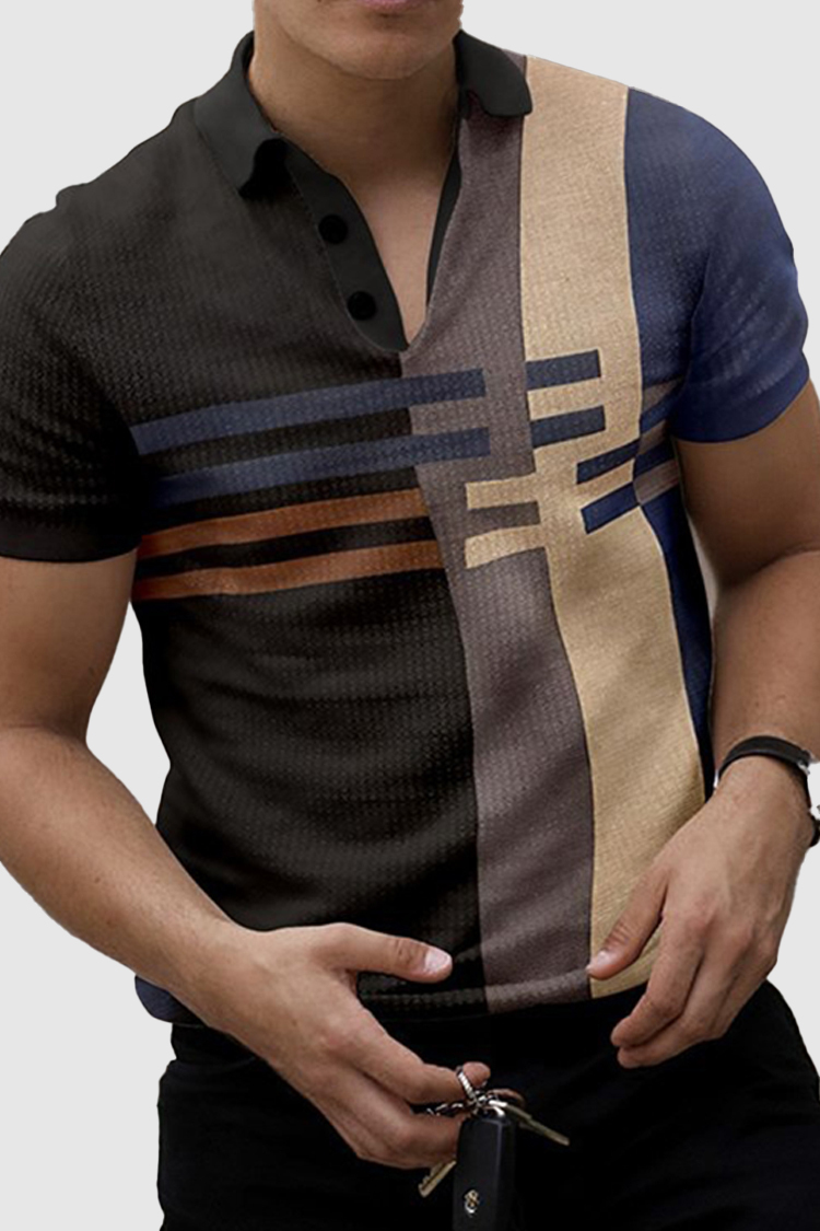 Comstylish Color Block Striped Short Sleeve Polo Shirt