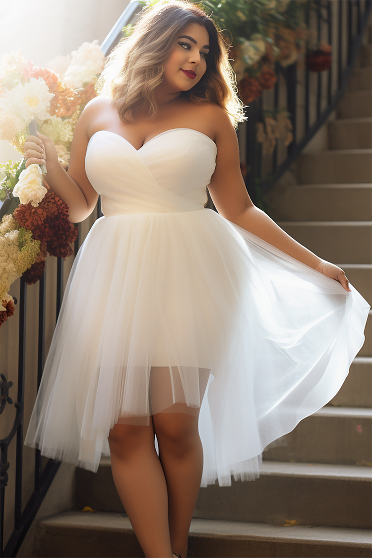 Xpluswear Design Plus Size Wedding Guest Elegant White Strapless Tulle Mini Dresses