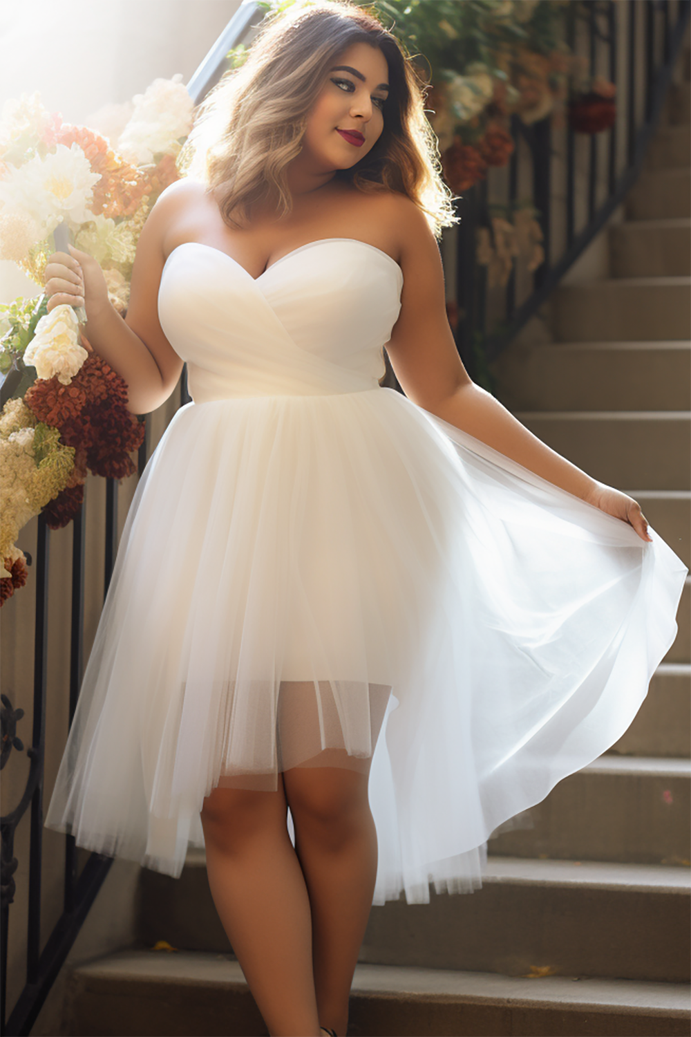 Design Plus Size Wedding Guest Elegant White Strapless Tulle Mini Dresses [Pre-Order]