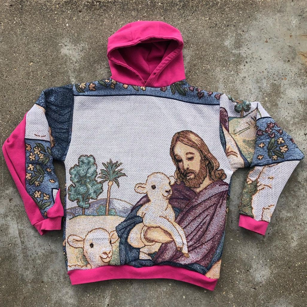 Stylish Jesus Print Casual Street Tapestry Knit Hooded Sweater