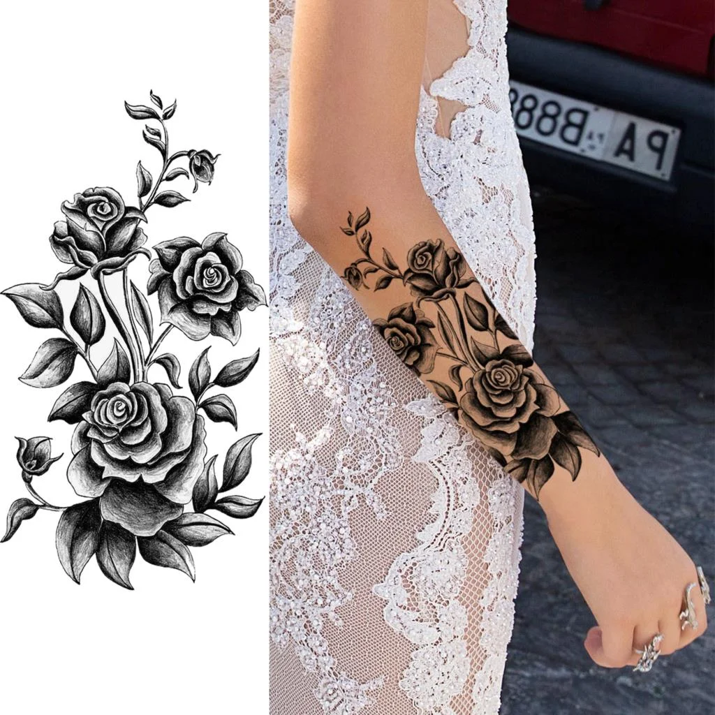 Sdrawing Peony Flower Moon Temporary Tattoos For Women Adult Rose Daisy Crown Fake Tattoo Fashion Washable Half Sleeve Tatoos