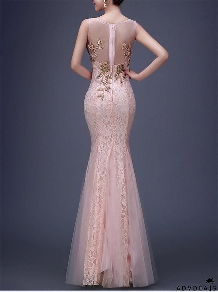 Sexy V Neck Trumpet Mermaid Sleeveless Lace Dress For Prom
