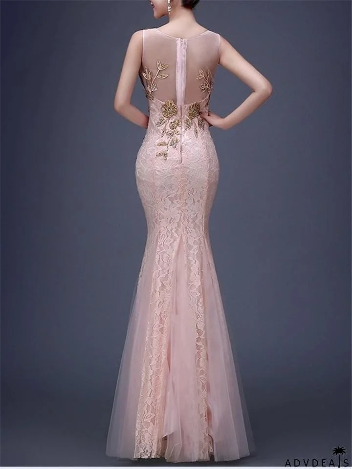 Sexy V Neck Trumpet Mermaid Sleeveless Lace Dress For Prom