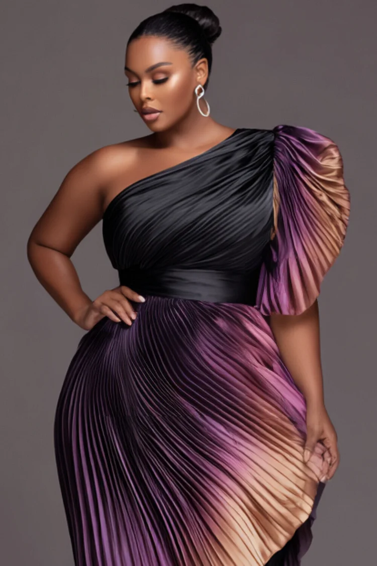 Xpluswear Design Plus Size Cocktail Party Purple Gradient One Shoulder Short Sleeve Pleated Elegant Asymmetric Hem Satin Midi Dresses [Pre-Order]