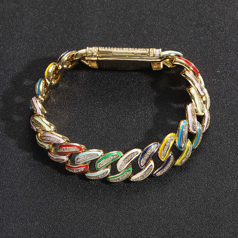 15MM Gold/Silver Plating Colorful Dripping Oil Full Diamonds Cuban Bracelets