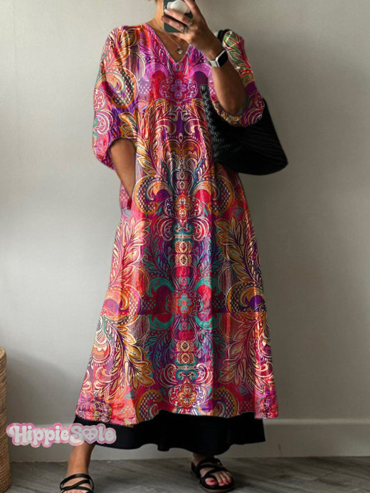 Colorful Ethnic Pattern Printed Women’s Pocket V-Neck Cotton Dress Multicolor / S