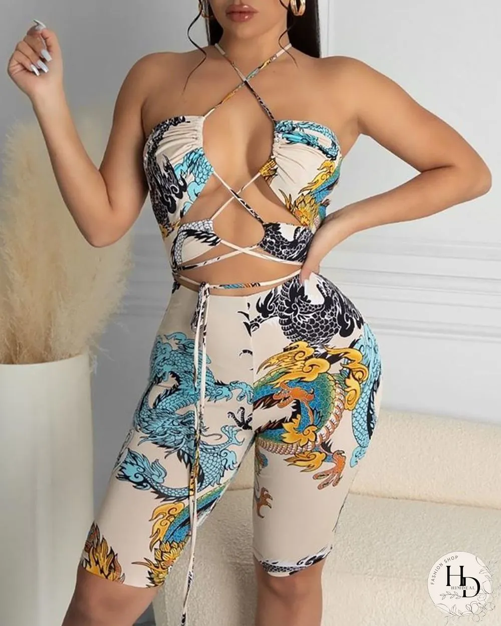 Halter Irregular Print Floran Sexy Top & Pants 2-piece Set