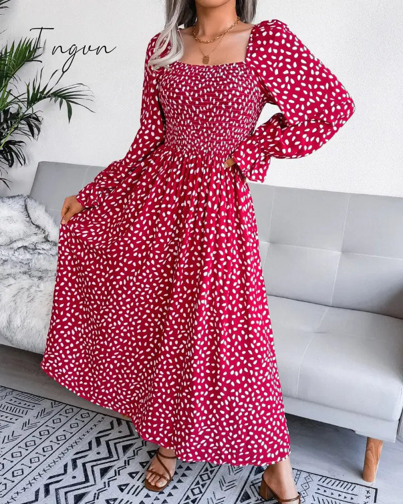 Ingvn - Fashion New Print Square Collar Chiffon Dress Women Elegant Pleated Loose Puff Sleeve Party