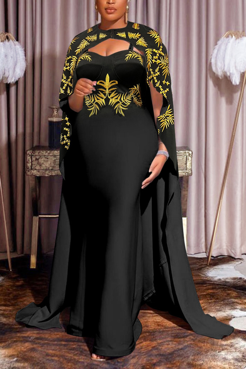 Xpluswear Plus Size Formal Elegant Cloak-style Black Embroidery Maxi Dress Set