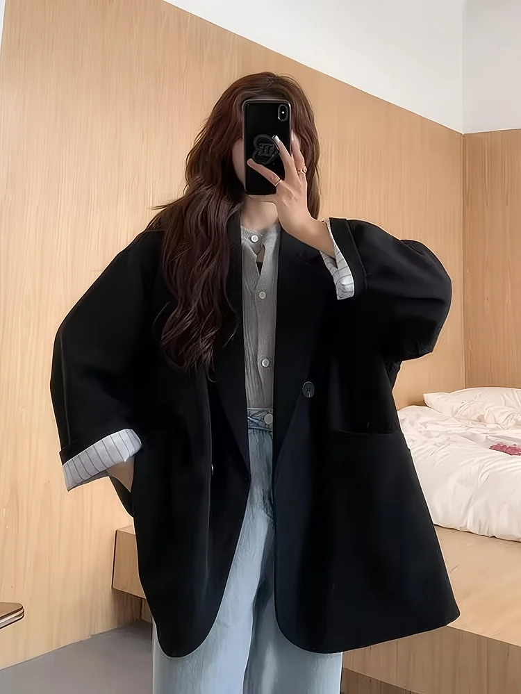 Women's Oversized Boyfriend-Style Blazer Jacket - Black Loose Fit Lapel Collar Single-Button Closure, Machine Washable All-Season Versatile Outerwear For Casual & Professional Chic, Comfortable Fit, Stylish Lapel Design, Easy Care Fabric