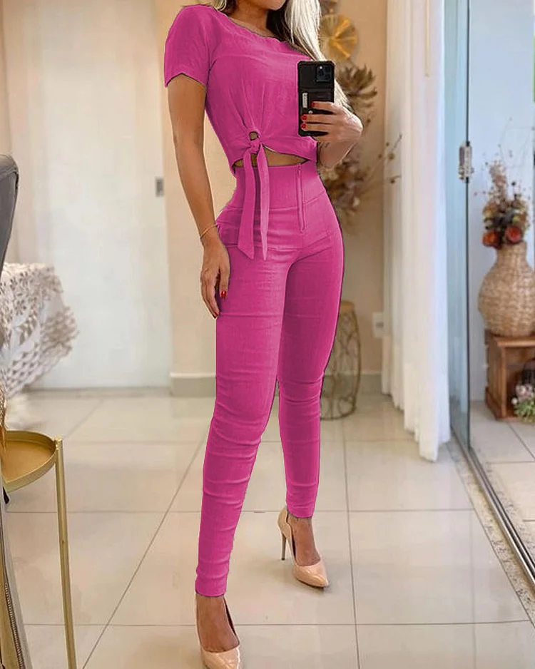 Casual Solid Color Round Neck Top & Pants Two-Piece Set