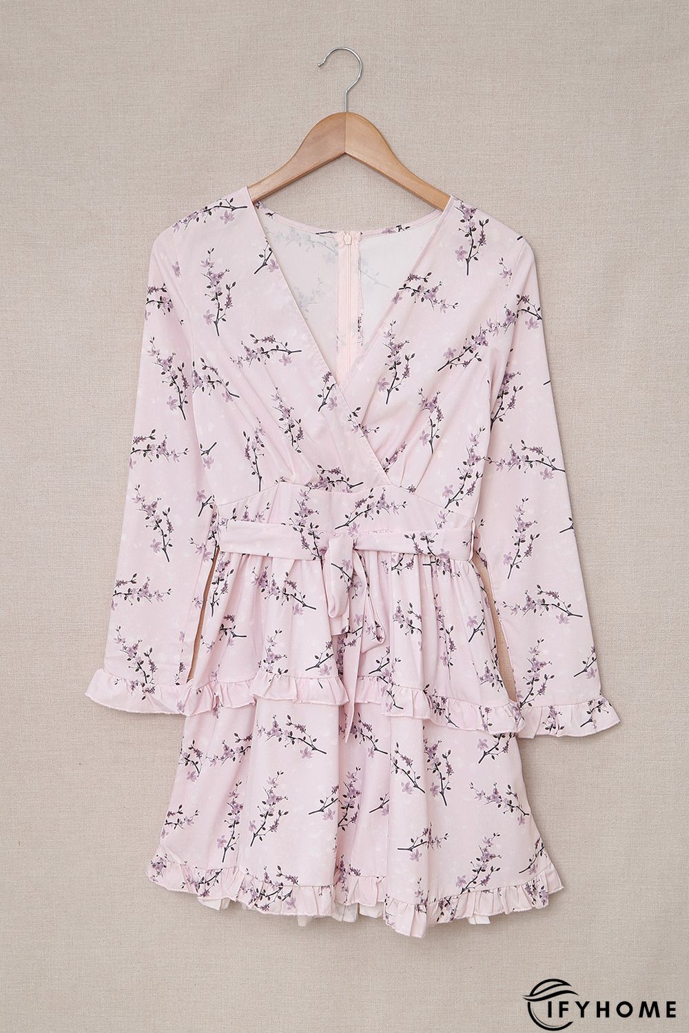 Pink Floral Print Ruffle Hemline Wrap Mini Dress | IFYHOME