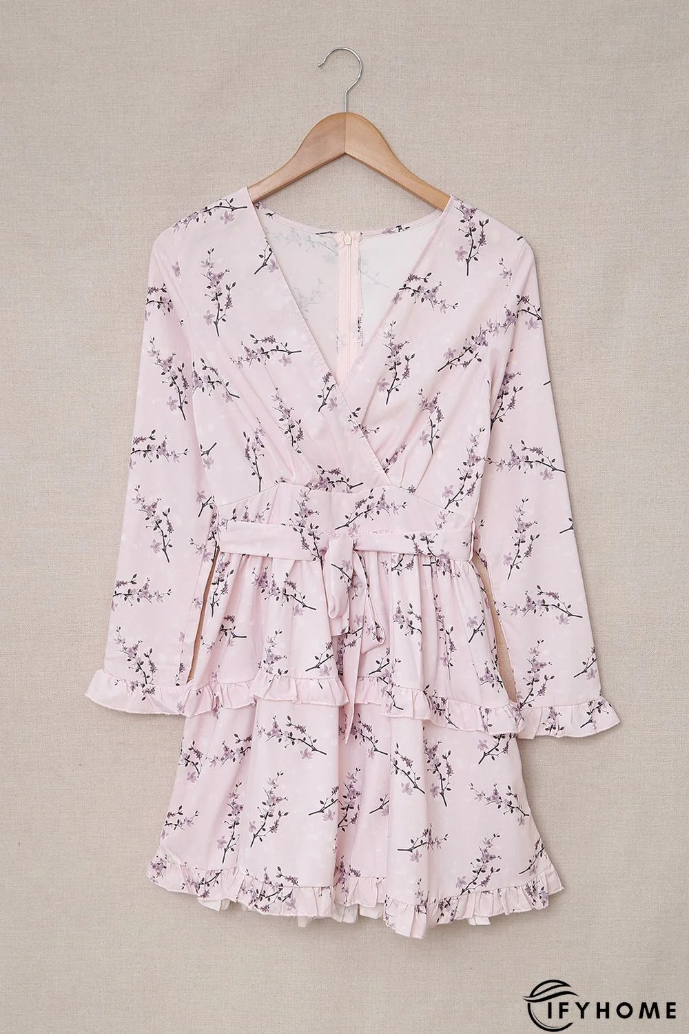 Pink Floral Print Ruffle Hemline Wrap Mini Dress | IFYHOME