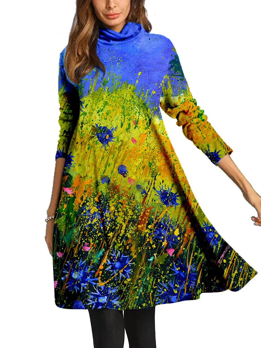 Women Long Sleeve Scoop Neck Printed Midi Dress