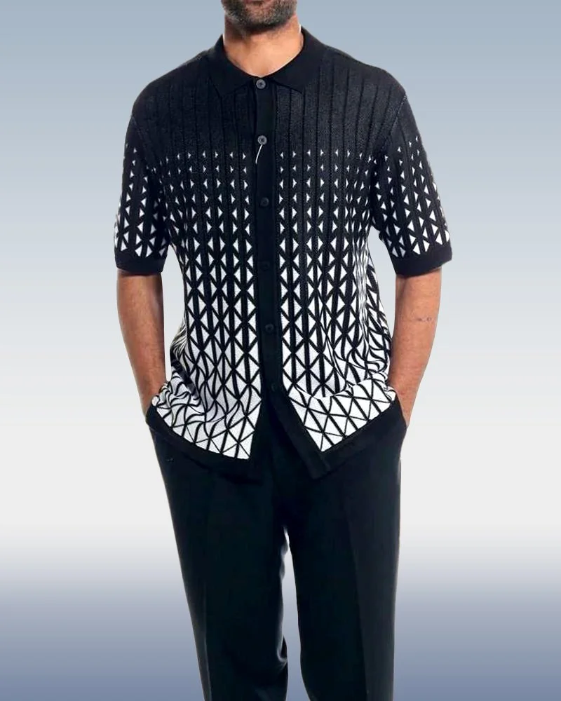 suitmens-Black Criss Cross Pattern Walking Suit Short Sleeve Set