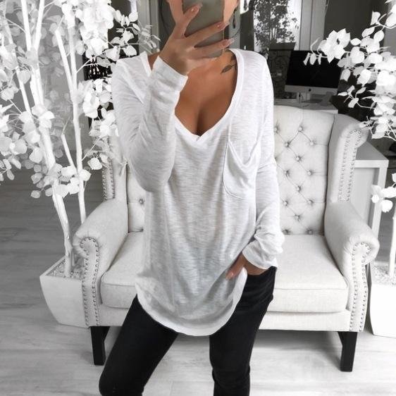 Plus Size Pure Color V Neck Pockets Casual Base T-Shirts