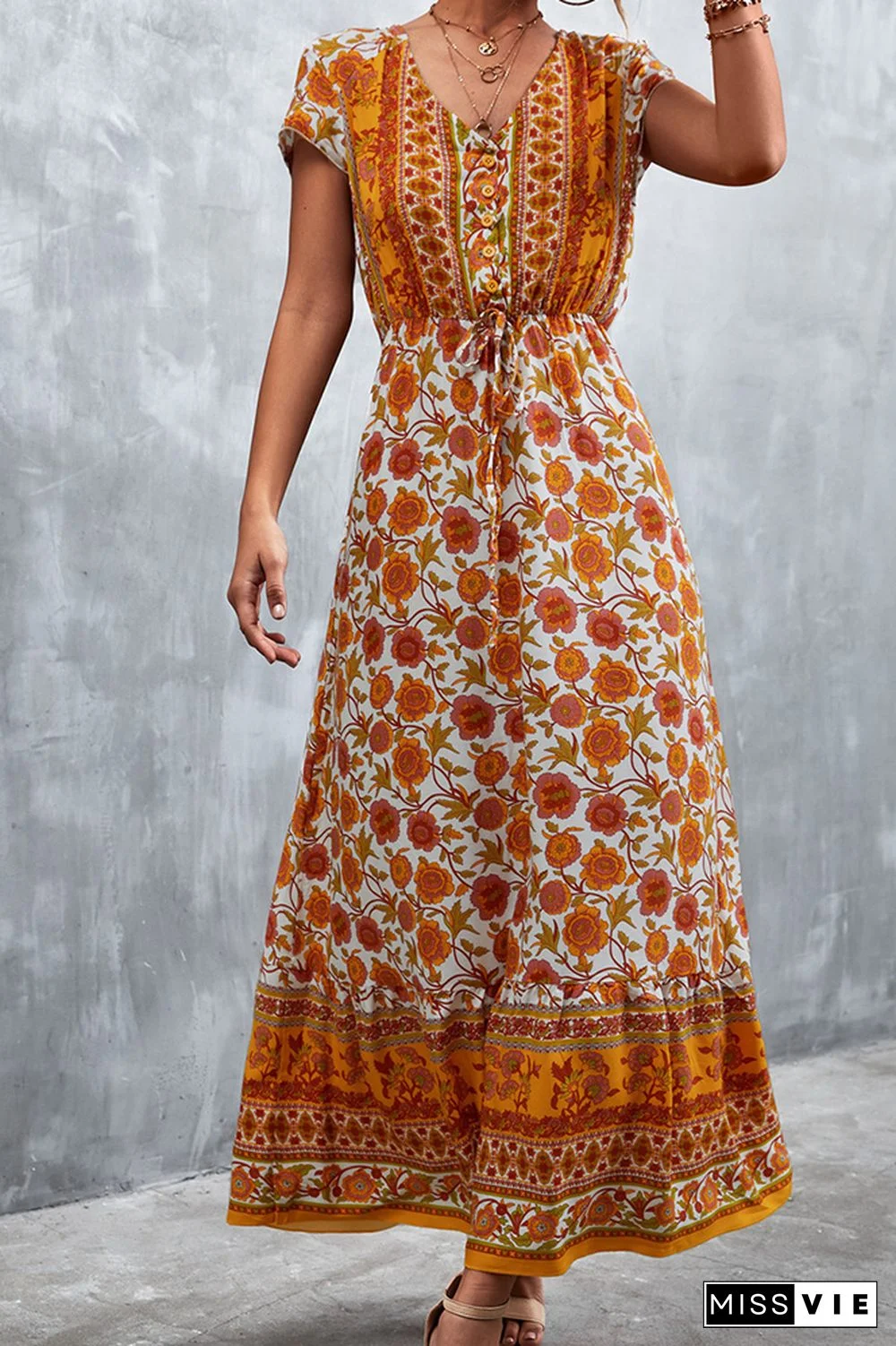 Floral Print Short Sleeve Long Dress Wholesale