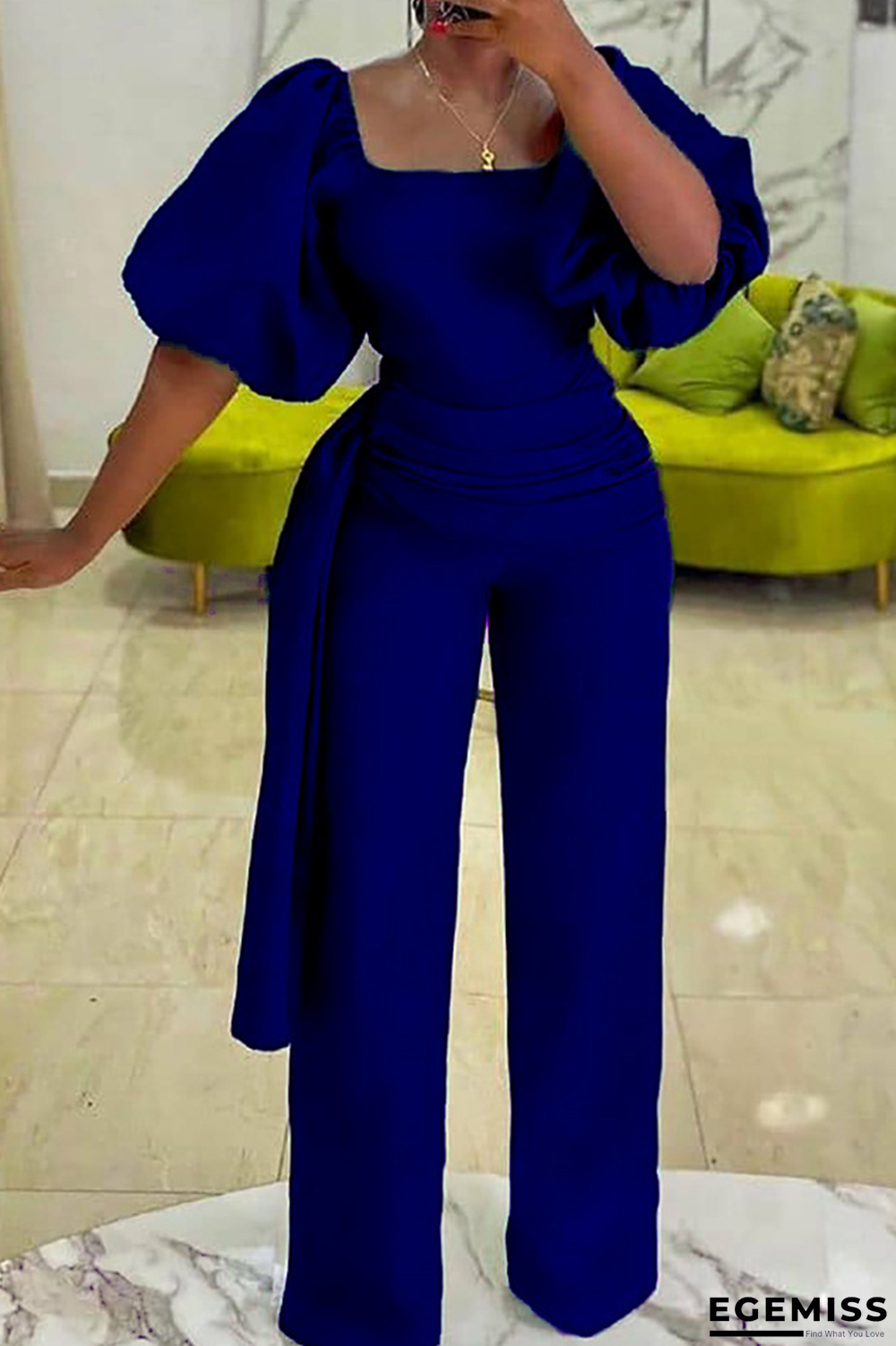 Dark Blue Casual Solid Make Old Square Collar Straight Jumpsuits | EGEMISS