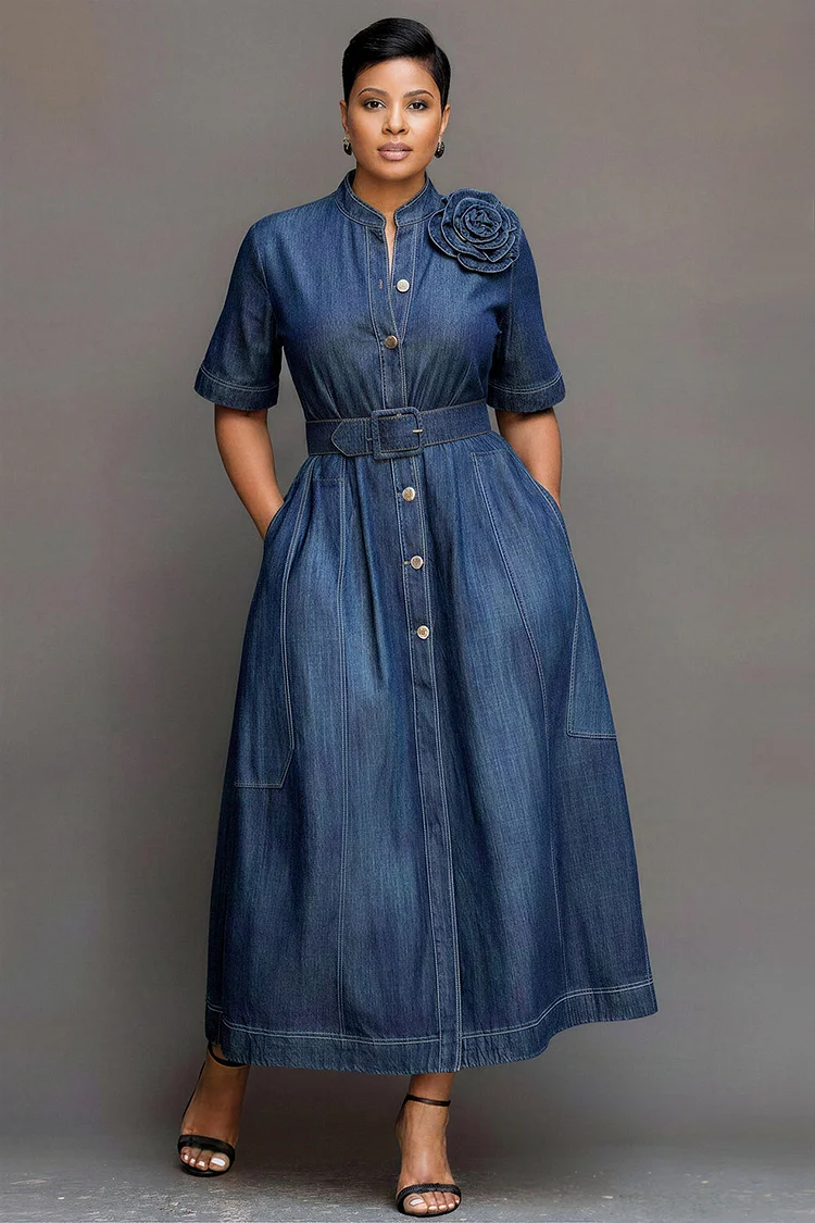 Xpluswear Design Plus Size Business Casual Casual Blue Stand-Up Collar Short Sleeve 3D Pocket Tencel Denim Maxi Dresses [Pre-Order] 2024 - Xpluswear