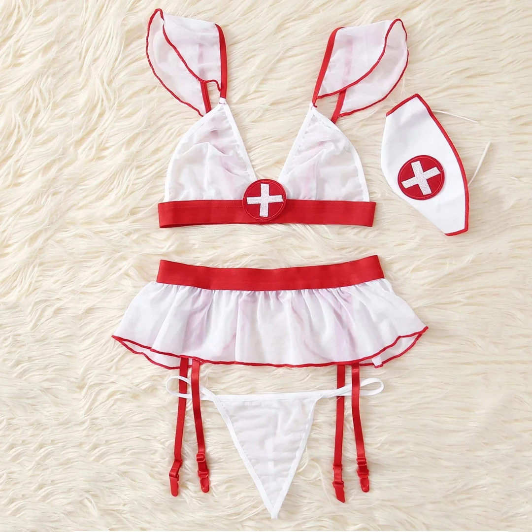 Billionm Women's Three-point Sexy Lingerie Set With Garter Transparent Lace Sexy Underwear Set Temptation Nurse Uniform Erotic Costumes