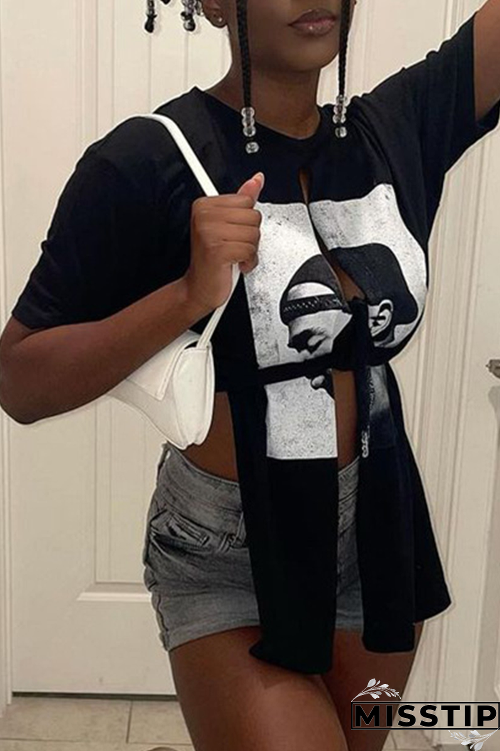 Black Fashion Print Slit O Neck T-Shirts