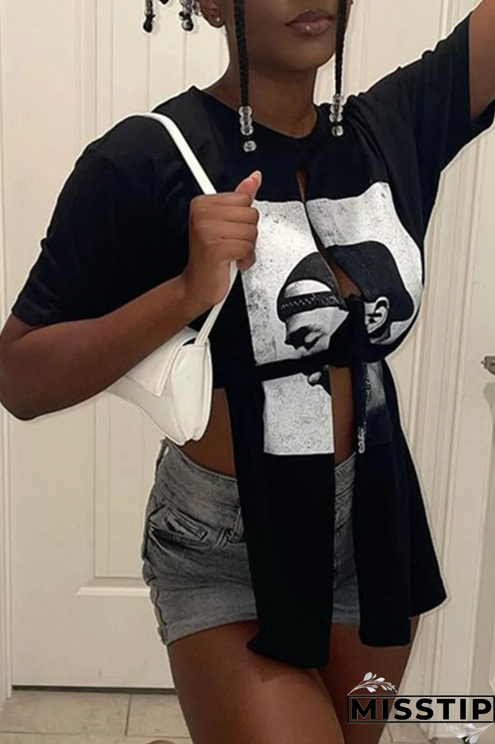 Black Fashion Print Slit O Neck T-Shirts