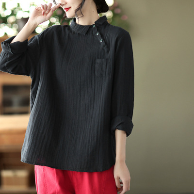 Women Solid Vintage Turndown Irregular Casual Tops