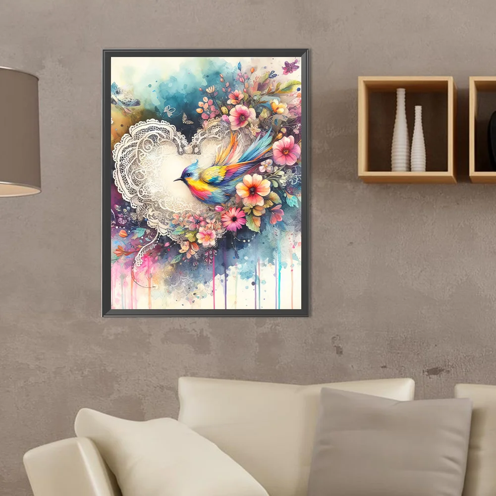 Full Round Diamond Painting 30*40cm - Love Heart And Colorful Bird